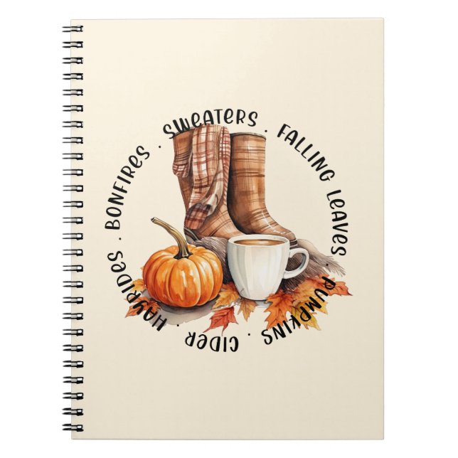 Cosy Fall Vibes – Boots, Pumpkin Spice, Bonfires Notebook (Front)