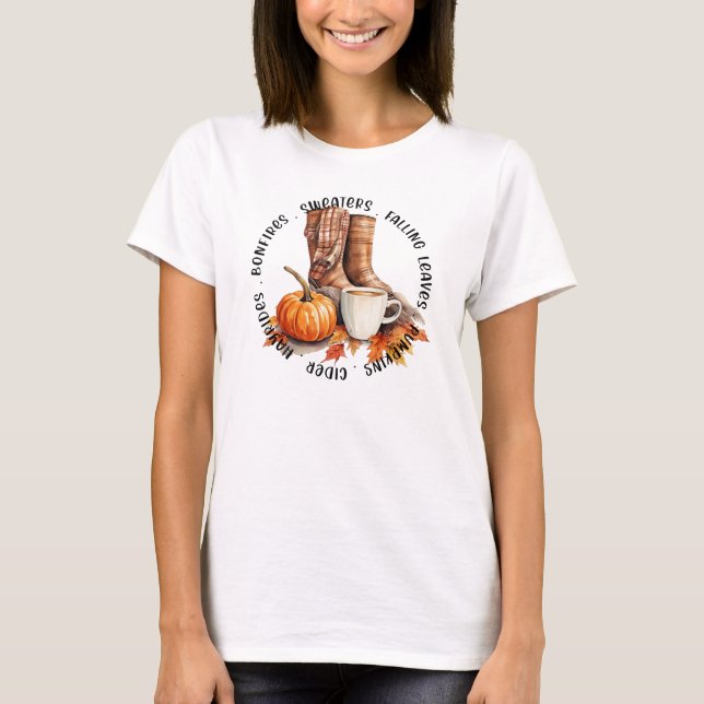 Cosy Fall Vibes – Boots, Pumpkin Spice, Bonfires T-Shirt (Front)