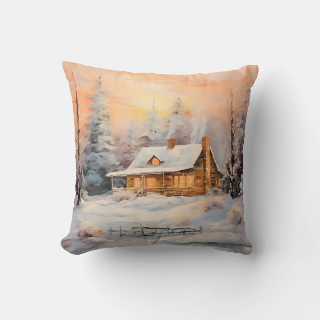 Cosy Farmhouse In a Snowy Landscape Painting Art Cushion (Front)