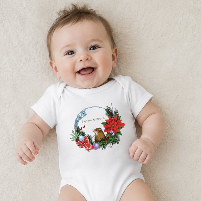 Cosy Festive Illustrative Christmas Mouse Wreath Baby Bodysuit (Creator Uploaded)