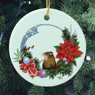 Cosy Festive Illustrative Christmas Mouse Wreath Ceramic Tree Decoration