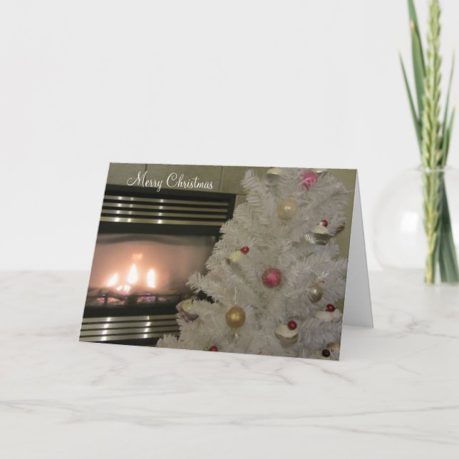 Cosy Fireplace and White Christmas Tree Holiday Card (Front)