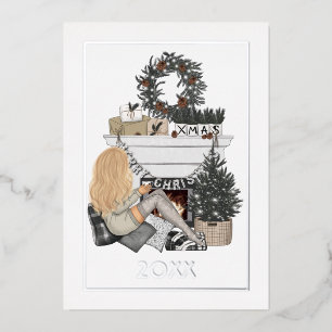 Cosy Fireplace Christmas Photo Collage Foil Holiday Card