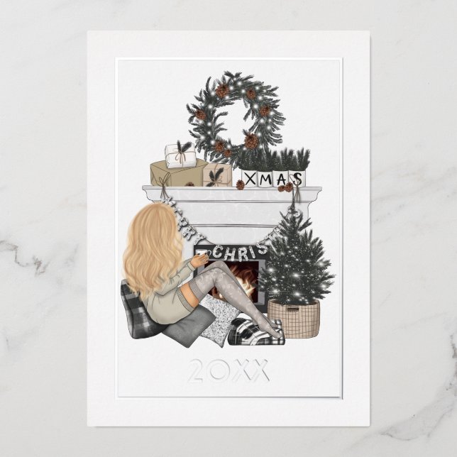 Cosy Fireplace Christmas Photo Collage Foil Holiday Card (Front)