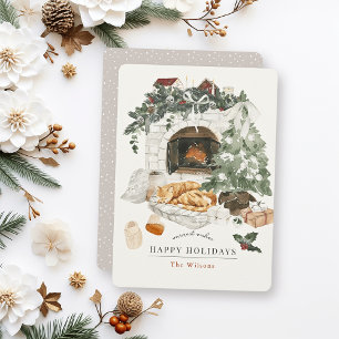 Cosy Fireplace Christmas Tree Cat Watercolor Holiday Card