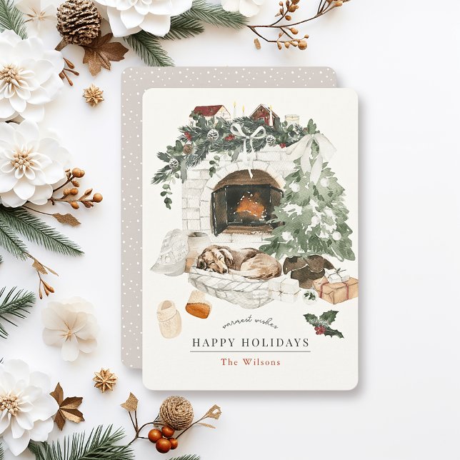 Cosy Fireplace Christmas Tree Dog Photo Collage Holiday Card (Creator Uploaded)