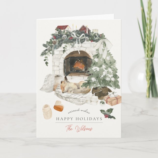 Cosy Fireplace Christmas Tree Fox Watercolor Holiday Card (Front)