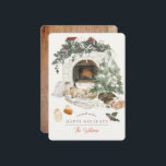 Cosy Fireplace Christmas Tree Fox Watercolor Holiday Card<br><div class="desc">This warm and cosy Christmas holiday card features a fireplace decorated with greenery,  houses and candles,  a Christmas tree with presents,  and a sleeping fox. The reverse side features your photo on a wood background. Personalise it for your needs. You can find matching products at my store.</div>