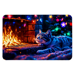 Cosy fireplace cute cat Merry Christmas Magnet