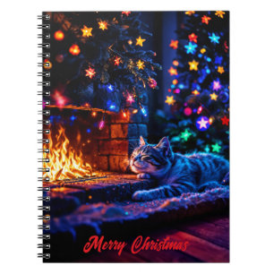 Cosy fireplace cute cat Merry Christmas Notebook