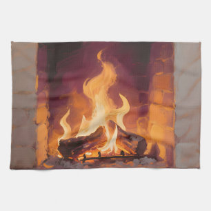 Cosy Fireplace Flames Tea Towel