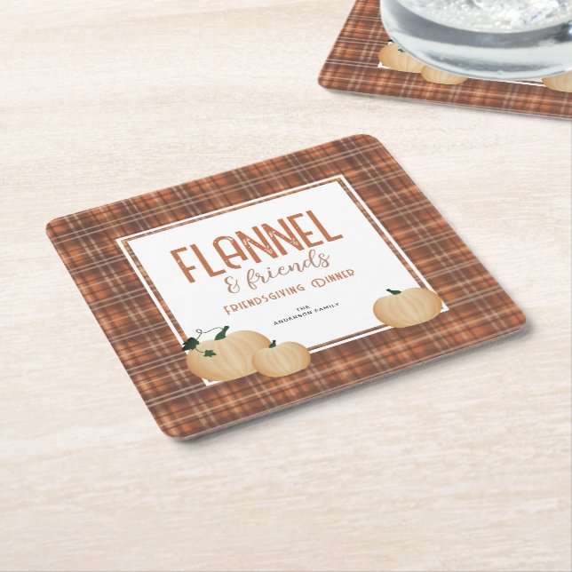 Cosy Flannel and Friends Friendsgiving Dinner Square Paper Coaster (Angled)