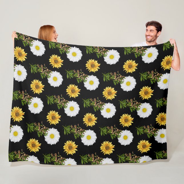 Cosy Floral Daisy Sunflower on Black  Fleece Blanket (In Situ)