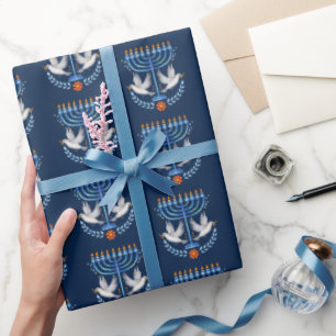 Cosy Folk Art Hanukkah Menorah and Peace Dove Wrapping Paper