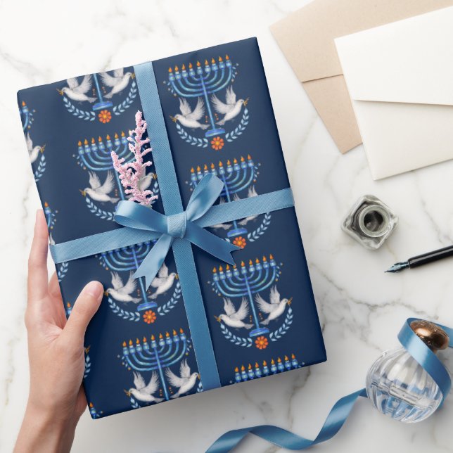 Cosy Folk Art Hanukkah Menorah and Peace Dove Wrapping Paper (Gifting)