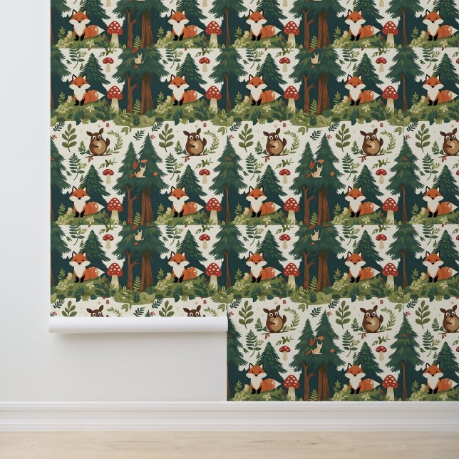 Cosy Forest Mushroom and Wildlife Peel and Stick Wallpaper (Application)
