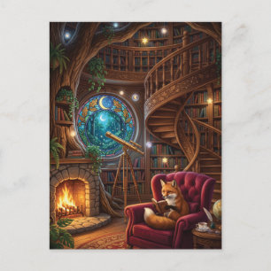 Cosy Fox Reading in Magical Treehouse Library Postcard