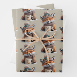 Cosy Fox Winter Season Animal Coffee Holiday Wrapping Paper Sheet