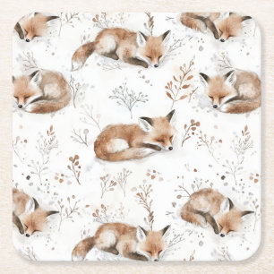 Cosy Foxes  Square Paper Coaster