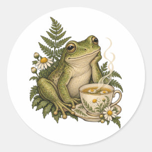 Cosy Frog with Chamomile Tea and Ferns Classic Round Sticker