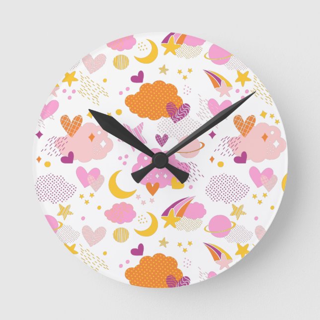 Cosy Galaxy- cosmos, moon, stars and hearts Throw  Round Clock (Front)