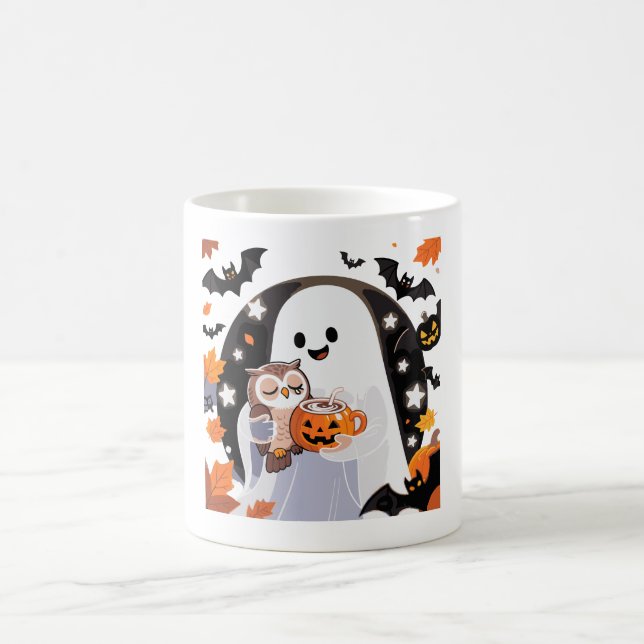 Cosy Ghost and Owl Halloween Art Coffee Mug (Center)