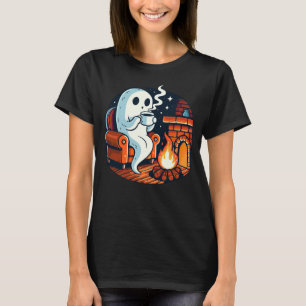 Cosy Ghost Drinking Coffee by Fireplace Halloween  T-Shirt