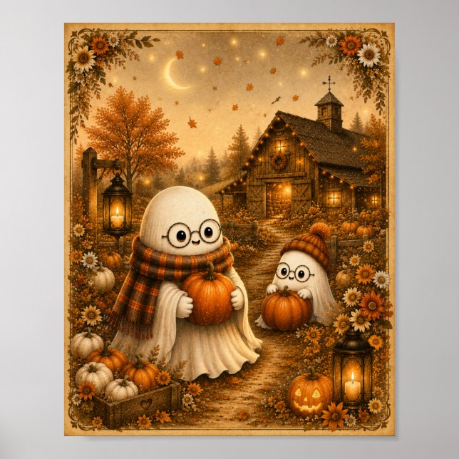 Cosy Ghost Pumpkin Patch Art Print (Front)
