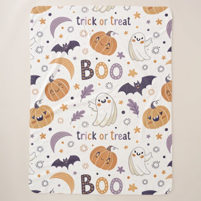 Cosy Ghost & Pumpkin Sherpa Blanket – Large Size (Front)