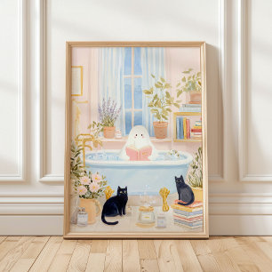 Cosy Ghost Reading in Bubble Bath with Black Cats Poster