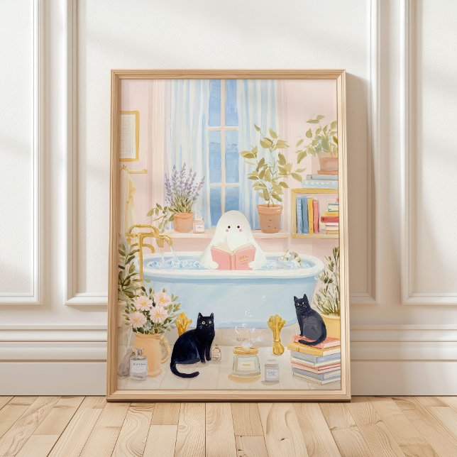 Cosy Ghost Reading in Bubble Bath with Black Cats Poster (Creator Uploaded)