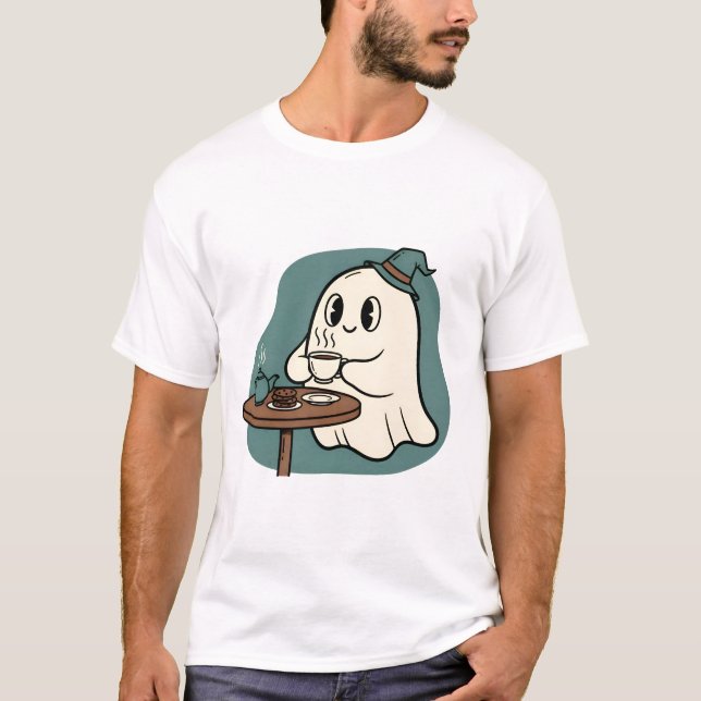 Cosy Ghost Tea Time – Cute Spooky Halloween  T-Shirt (Front)