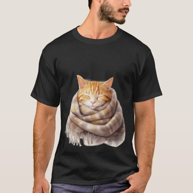 Cosy Ginger Cat Snuggled in Warm Scarf Art ✨🐾🧣 T-Shirt (Front)