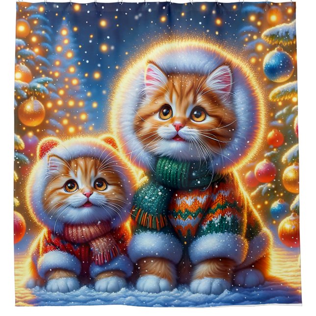 “Cosy Ginger Kittens’ First Christmas” Shower Curtain (Front)