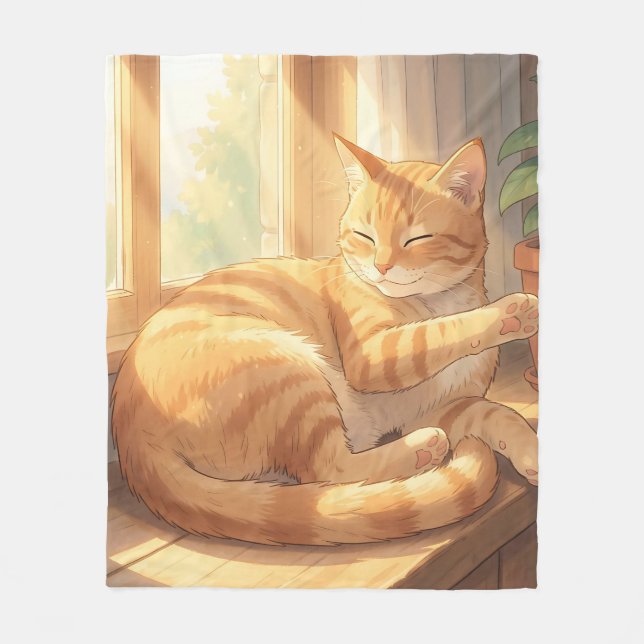 Cosy Ginger Tabby Cat Sunbathing  Fleece Blanket (Front)