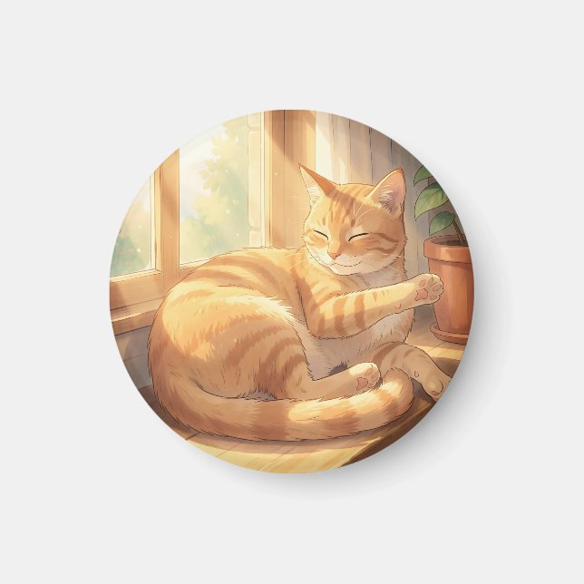 Cosy Ginger Tabby Cat Sunbathing  Magnet (Front)
