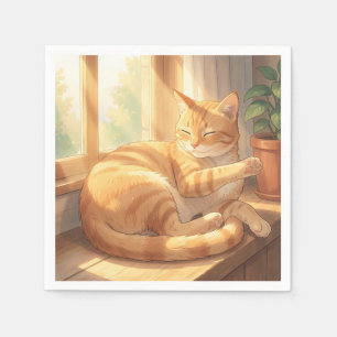 Cosy Ginger Tabby Cat Sunbathing Napkin