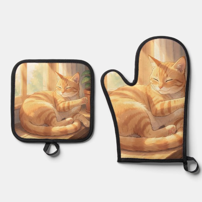 Cosy Ginger Tabby Cat Sunbathing  Oven Mitt & Pot Holder Set (Front)