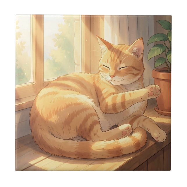 Cosy Ginger Tabby Cat Sunbathing  Tile (Front)