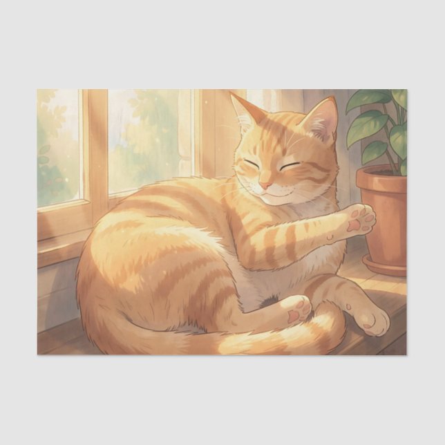 Cosy Ginger Tabby Cat Sunbathing  Tissue Paper (Front)