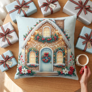 Cosy Gingerbread House Holiday Illustration Cushion