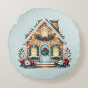 Cosy Gingerbread House Holiday Illustration Round Cushion