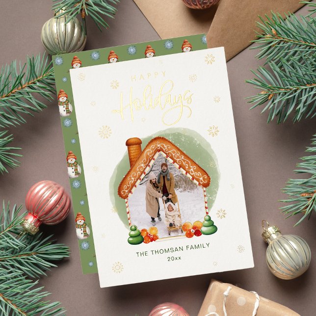 Cosy Gingerbread House Photo Foil Holiday Card (Cozy Christmas Photo House Foil Holiday Card)
