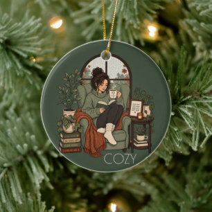 Cosy Girl Coffee Books Rainy Days Vintage Design Ceramic Tree Decoration