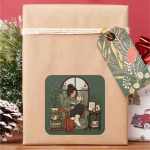Cosy Girl Coffee Books Rainy Days Vintage Design Square Sticker
