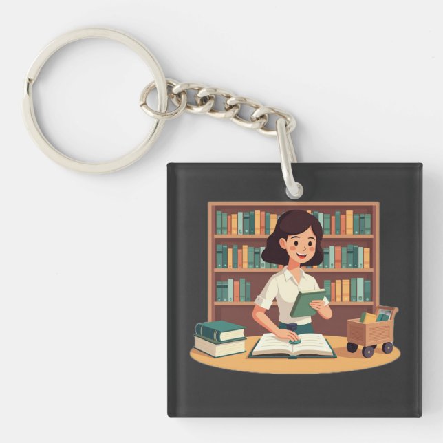 Cosy Girl Reading Bookshelf Key Ring (Front)