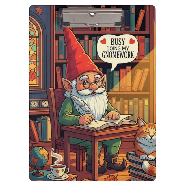 Cosy gnome doing his gnomework clipboard (Front)