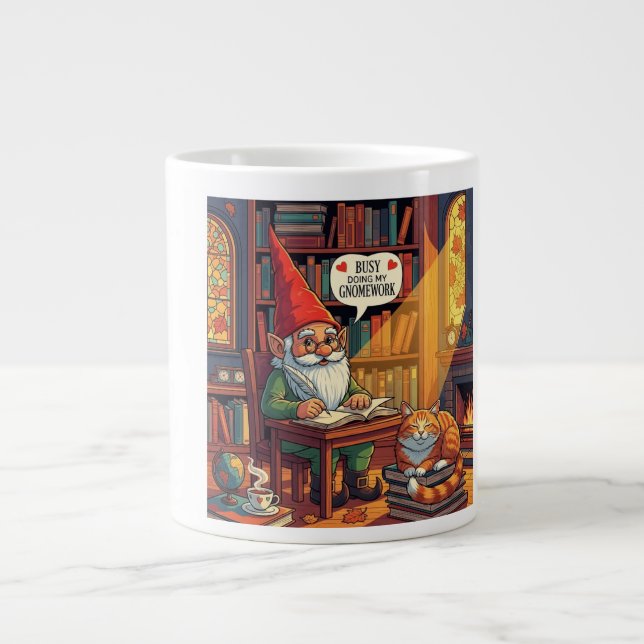 Cosy gnome doing his gnomework large coffee mug (Front)
