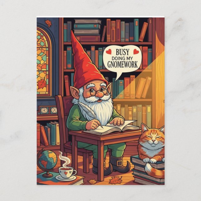 Cosy gnome doing his gnomework postcard (Front)