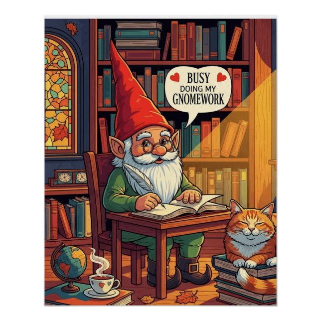 Cosy gnome doing his gnomework poster (Front)
